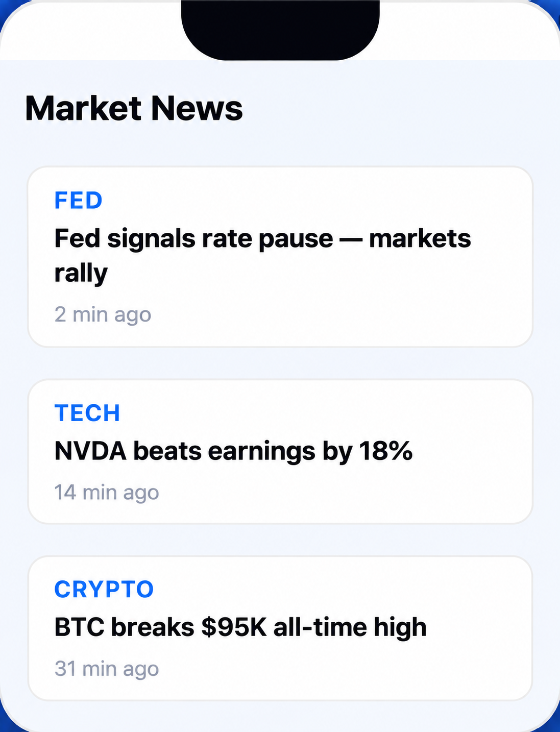 Market News feed — Fed, tech and crypto headlines with timestamps