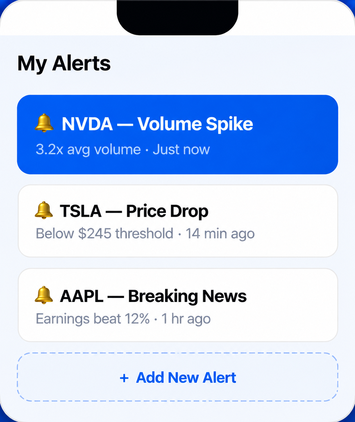 My Alerts — instant push notifications for volume spikes, price drops, and breaking news